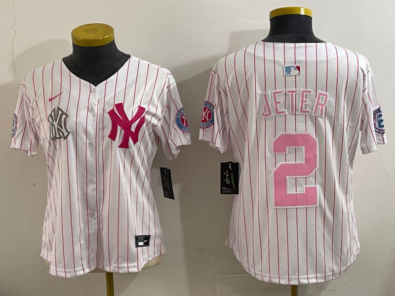 Women 2025 New York Yankees #2 Jeter White pink Joint Name Nike MLB Jersey style 2